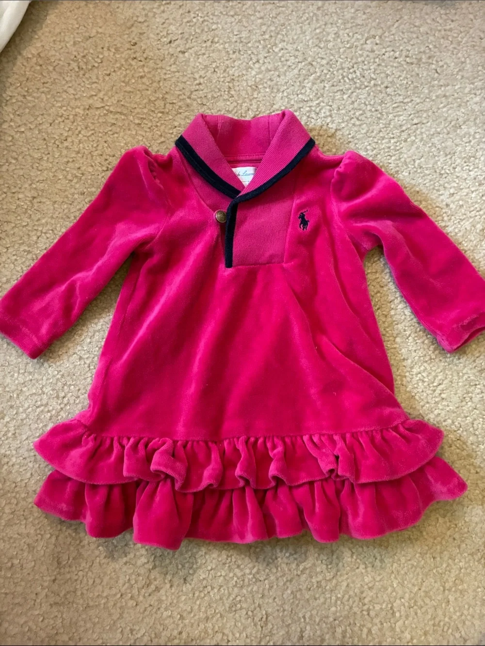 Ralph Lauren Hot Pink Velour Ruffle Dress with Navy Trim
